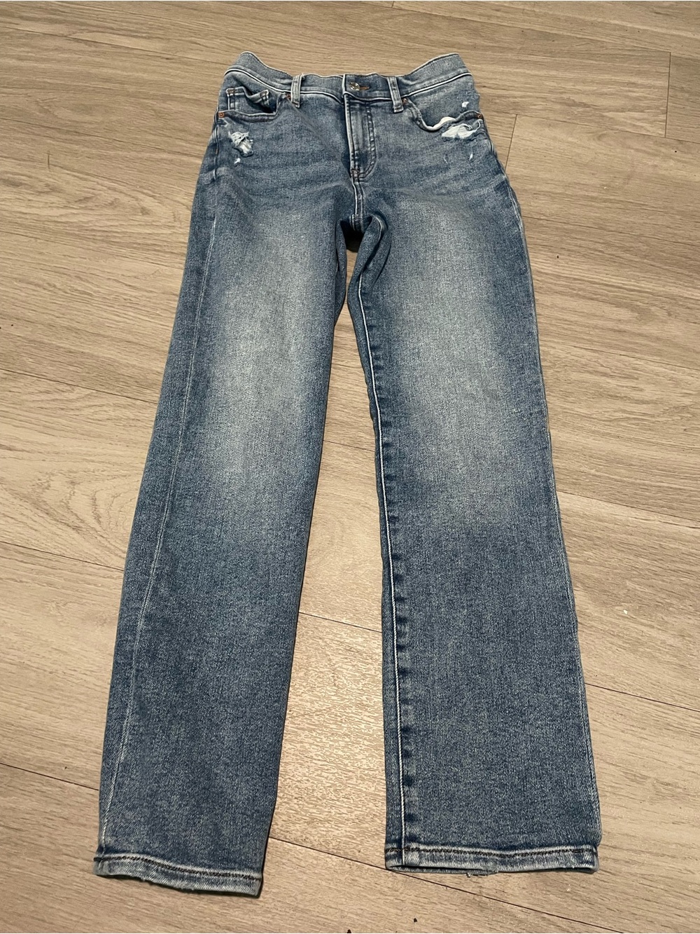 Express Women’s Straight Leg Distressed Mid-Blue Jeans